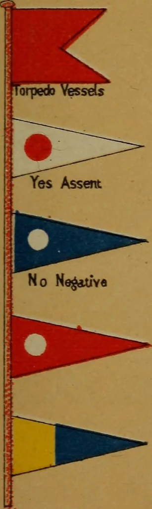 An illustration from Young sailor's assistant in practical seamanship including the rules of the road; directions for resuscitating the apparently drowned, etc., etc., together with the salutes ... naval signal flags, Very's lights, and the international code of signals, 1893, leaf 40