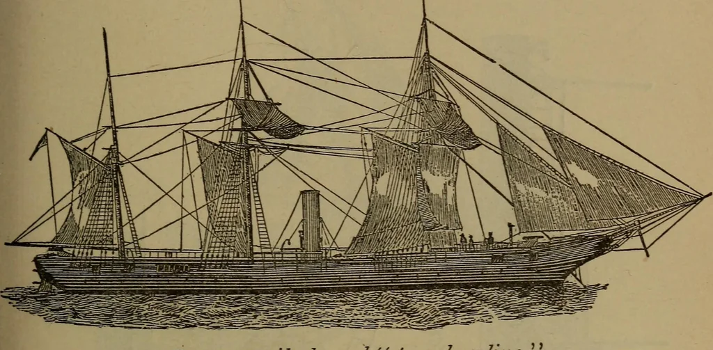 An illustration from Young sailor's assistant in practical seamanship including the rules of the road; directions for resuscitating the apparently drowned, etc., etc., together with the salutes ... naval signal flags, Very's lights, and the international code of signals, 1893, leaf 70