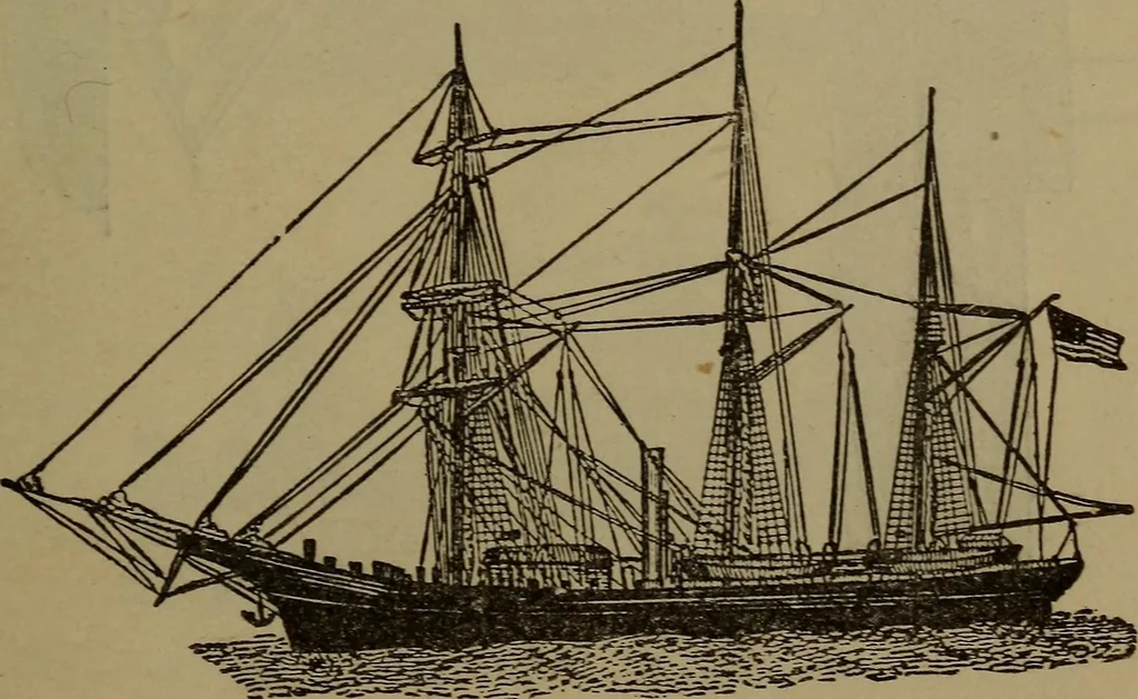 An illustration from Young sailor's assistant in practical seamanship including the rules of the road; directions for resuscitating the apparently drowned, etc., etc., together with the salutes ... naval signal flags, Very's lights, and the international code of signals, 1893, leaf 70
