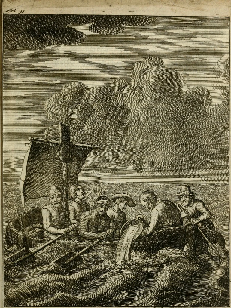An illustration from Zeer aanmerkelijke reysen gedaan door Jan Erasmus Reining, meest in de West-Indien en ook in veel andere deelen des werelds. &c. : waer in kortelijk verhandelt werd het geen hem van syn kintsche jaren avontuurlyk ter zee en te land tot zijn 49ste jaar is voorgevallen, soo tegens de wilden, als voor en tegens de Spanjaarden, en voor en tegens de Engelschen, Franse, Portugese en meer andere natien : groote hongers-nood, schrikkelijke elende, perijkelen zijns levens, stoute actien, kloekmoedige uitvoeringen, en victorieuse verrigtinge, 1691, leaf 12