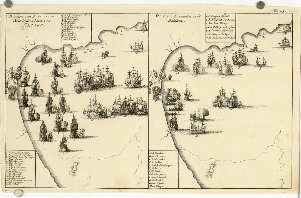 An illustration from Zeer aanmerkelijke reysen gedaan door Jan Erasmus Reining, meest in de West-Indien en ook in veel andere deelen des werelds. &c. : waer in kortelijk verhandelt werd het geen hem van syn kintsche jaren avontuurlyk ter zee en te land tot zijn 49ste jaar is voorgevallen, soo tegens de wilden, als voor en tegens de Spanjaarden, en voor en tegens de Engelschen, Franse, Portugese en meer andere natien : groote hongers-nood, schrikkelijke elende, perijkelen zijns levens, stoute actien, kloekmoedige uitvoeringen, en victorieuse verrigtinge, 1691, leaf 132