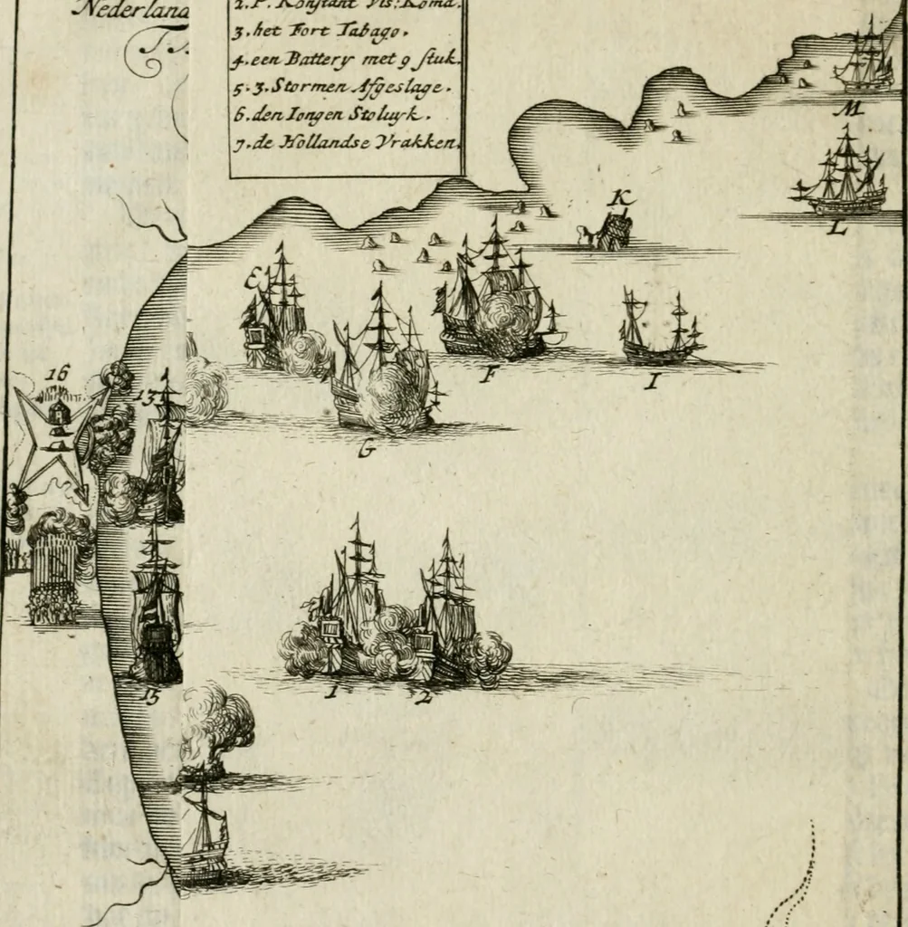 An illustration from Zeer aanmerkelijke reysen gedaan door Jan Erasmus Reining, meest in de West-Indien en ook in veel andere deelen des werelds. &c. : waer in kortelijk verhandelt werd het geen hem van syn kintsche jaren avontuurlyk ter zee en te land tot zijn 49ste jaar is voorgevallen, soo tegens de wilden, als voor en tegens de Spanjaarden, en voor en tegens de Engelschen, Franse, Portugese en meer andere natien : groote hongers-nood, schrikkelijke elende, perijkelen zijns levens, stoute actien, kloekmoedige uitvoeringen, en victorieuse verrigtinge, 1691, leaf 133