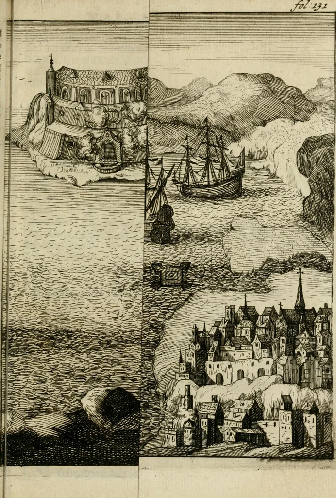 An illustration from Zeer aanmerkelijke reysen gedaan door Jan Erasmus Reining, meest in de West-Indien en ook in veel andere deelen des werelds. &c. : waer in kortelijk verhandelt werd het geen hem van syn kintsche jaren avontuurlyk ter zee en te land tot zijn 49ste jaar is voorgevallen, soo tegens de wilden, als voor en tegens de Spanjaarden, en voor en tegens de Engelschen, Franse, Portugese en meer andere natien : groote hongers-nood, schrikkelijke elende, perijkelen zijns levens, stoute actien, kloekmoedige uitvoeringen, en victorieuse verrigtinge, 1691, leaf 152