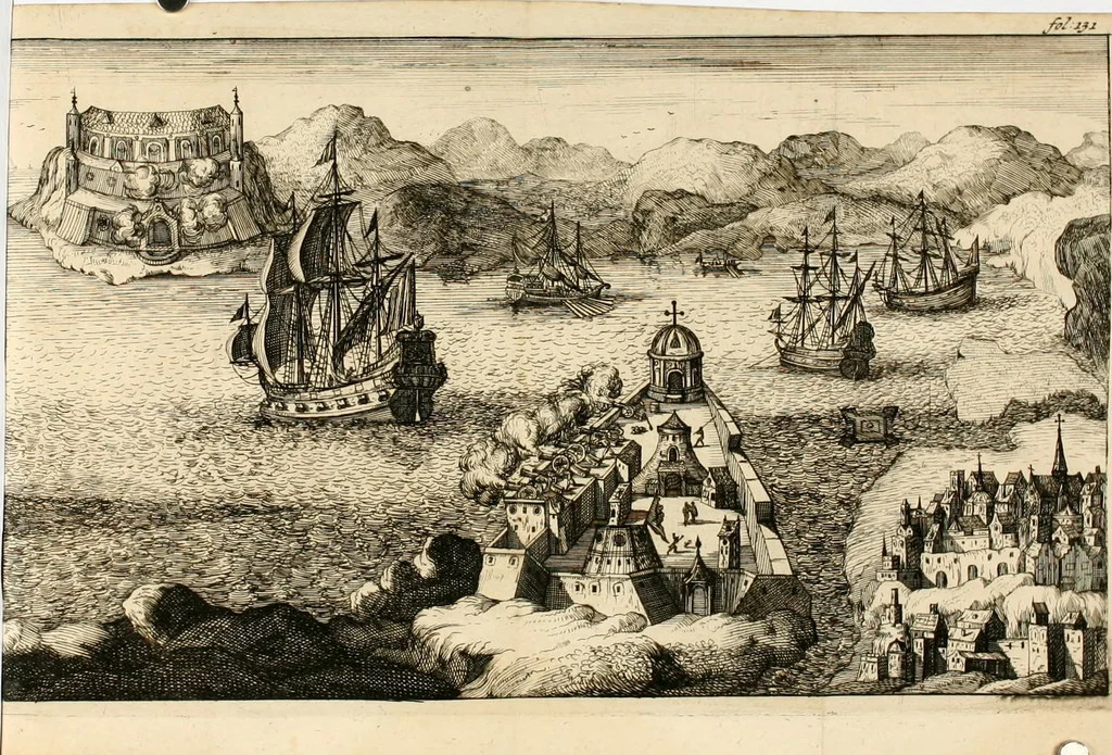 An illustration from Zeer aanmerkelijke reysen gedaan door Jan Erasmus Reining, meest in de West-Indien en ook in veel andere deelen des werelds. &c. : waer in kortelijk verhandelt werd het geen hem van syn kintsche jaren avontuurlyk ter zee en te land tot zijn 49ste jaar is voorgevallen, soo tegens de wilden, als voor en tegens de Spanjaarden, en voor en tegens de Engelschen, Franse, Portugese en meer andere natien : groote hongers-nood, schrikkelijke elende, perijkelen zijns levens, stoute actien, kloekmoedige uitvoeringen, en victorieuse verrigtinge, 1691, leaf 153