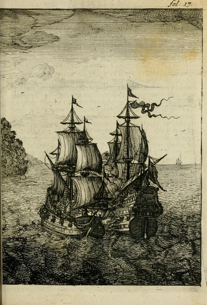An illustration from Zeer aanmerkelijke reysen gedaan door Jan Erasmus Reining, meest in de West-Indien en ook in veel andere deelen des werelds. &c. : waer in kortelijk verhandelt werd het geen hem van syn kintsche jaren avontuurlyk ter zee en te land tot zijn 49ste jaar is voorgevallen, soo tegens de wilden, als voor en tegens de Spanjaarden, en voor en tegens de Engelschen, Franse, Portugese en meer andere natien : groote hongers-nood, schrikkelijke elende, perijkelen zijns levens, stoute actien, kloekmoedige uitvoeringen, en victorieuse verrigtinge, 1691, leaf 28