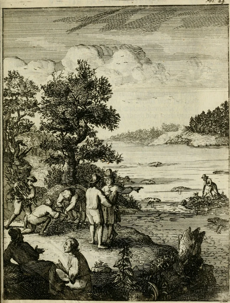 An illustration from Zeer aanmerkelijke reysen gedaan door Jan Erasmus Reining, meest in de West-Indien en ook in veel andere deelen des werelds. &c. : waer in kortelijk verhandelt werd het geen hem van syn kintsche jaren avontuurlyk ter zee en te land tot zijn 49ste jaar is voorgevallen, soo tegens de wilden, als voor en tegens de Spanjaarden, en voor en tegens de Engelschen, Franse, Portugese en meer andere natien : groote hongers-nood, schrikkelijke elende, perijkelen zijns levens, stoute actien, kloekmoedige uitvoeringen, en victorieuse verrigtinge, 1691, leaf 38