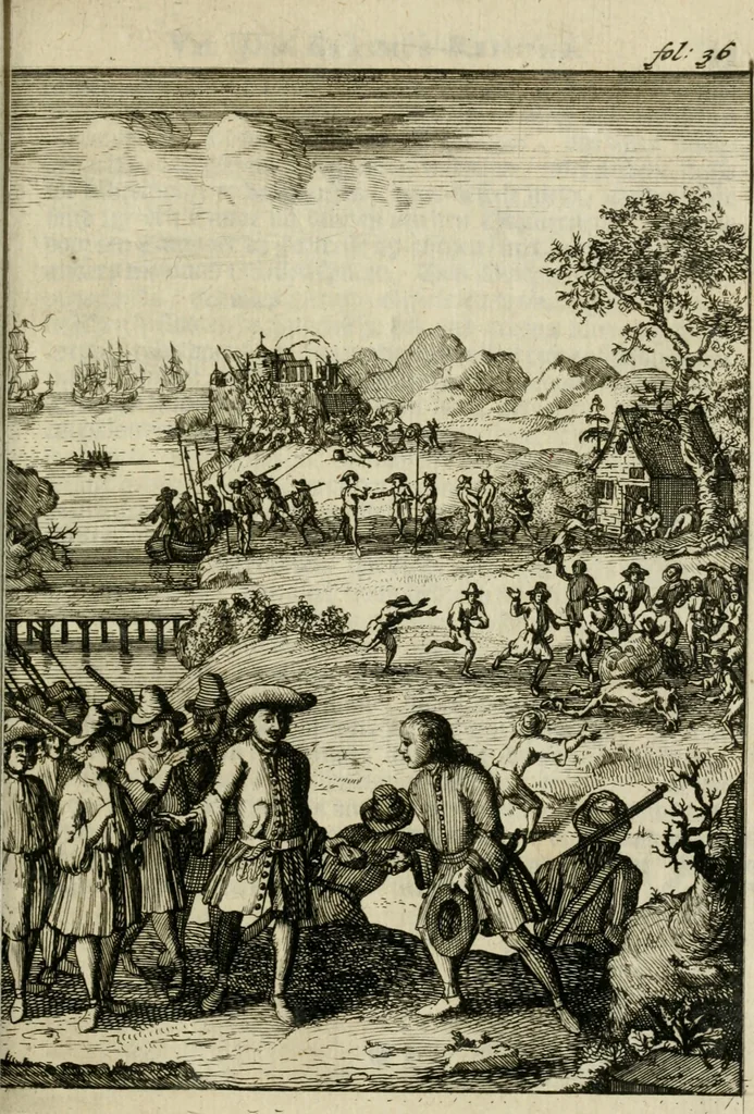 An illustration from Zeer aanmerkelijke reysen gedaan door Jan Erasmus Reining, meest in de West-Indien en ook in veel andere deelen des werelds. &c. : waer in kortelijk verhandelt werd het geen hem van syn kintsche jaren avontuurlyk ter zee en te land tot zijn 49ste jaar is voorgevallen, soo tegens de wilden, als voor en tegens de Spanjaarden, en voor en tegens de Engelschen, Franse, Portugese en meer andere natien : groote hongers-nood, schrikkelijke elende, perijkelen zijns levens, stoute actien, kloekmoedige uitvoeringen, en victorieuse verrigtinge, 1691, leaf 54