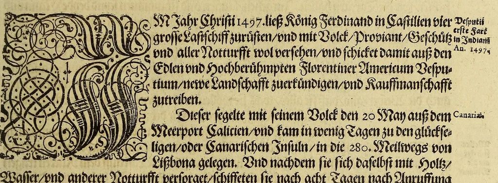 An illustration from Zehender Theil America. : Darinnen zubefinden: erstlich, zwo Schiffarten Herrn Americi Vesputii vnter König Ferdinando in Castilien vollbracht. Zum andern: ein gründlicher Bericht von dem jetzigen Zustand der Landschafft Virginien, wie nemlich der Friede mit den Indianern, vollnzogen, vnd den Englischen zum Schutz dess Lands allda etliche Stätt vnd Vestung erbawet worden. Beneben einer Heyrath dess Königs Powhatans in Virginien Tochter, mit einem vornemmen Englischen, durch Raphe Homar einen Secretarien in Virginien beschrieben, in Hochteutsch vbersetzt. Zum dritten: ein warhafftige Beschreibung dess newen Engellands, einer Landschafft in Nord-Indien, eines Theils in America, von Capitein Johann Schmiden, Rittern vnd Admiraln beschrieben, neben einem Discurs, wie er auff der andern Reyse von den Frantzosen gefangen, vnd widerumb Anno 1616. erlediger worden., 1618, leaf 13