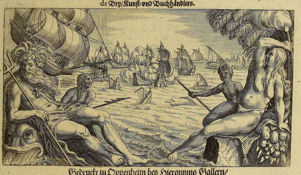 An illustration from Zehender Theil America. : Darinnen zubefinden: erstlich, zwo Schiffarten Herrn Americi Vesputii vnter König Ferdinando in Castilien vollbracht. Zum andern: ein gründlicher Bericht von dem jetzigen Zustand der Landschafft Virginien, wie nemlich der Friede mit den Indianern, vollnzogen, vnd den Englischen zum Schutz dess Lands allda etliche Stätt vnd Vestung erbawet worden. Beneben einer Heyrath dess Königs Powhatans in Virginien Tochter, mit einem vornemmen Englischen, durch Raphe Homar einen Secretarien in Virginien beschrieben, in Hochteutsch vbersetzt. Zum dritten: ein warhafftige Beschreibung dess newen Engellands, einer Landschafft in Nord-Indien, eines Theils in America, von Capitein Johann Schmiden, Rittern vnd Admiraln beschrieben, neben einem Discurs, wie er auff der andern Reyse von den Frantzosen gefangen, vnd widerumb Anno 1616. erlediger worden., 1618, leaf 9