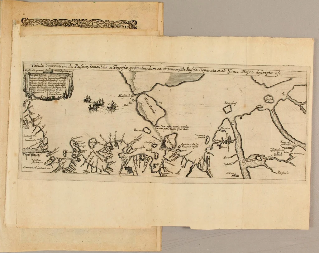 An illustration from Zehender Theil der Orientalischen Indien begreiffendt Eine kurtze Beschreibung der neuwen Schiffart gegen NordtOften, vber die Amerische Inseln in Chinam vnd Iapponiam, von einem Engelländer Henrich Hudson newlich erfunden, beneben kurtzer Andeutung der Inseln vnd Oerter, so auff derselben Reyse von den Holländern hiebevor endeckt worden, auss Johann Hegen von Lintschotten Reise gezogen. : Item ein Discurs an Jhr. Kön. Maj. in Spanien, wegen dess fünfften Theils der Welt, Terra Australis incognita genannt, von einem Capitein Petro Ferdinandes de Quir, &c. vbergeben. Beneben einer Delineation vnnd Beschreibung der Länder der Samojeden vnd Tingoesen, in der Tartarey gegen Morgen der Enge oder Vberfahrt bey Weygats gelegen, so newlich von den Mosscowitern endecket vnd eingenommen., 1613, leaf 39