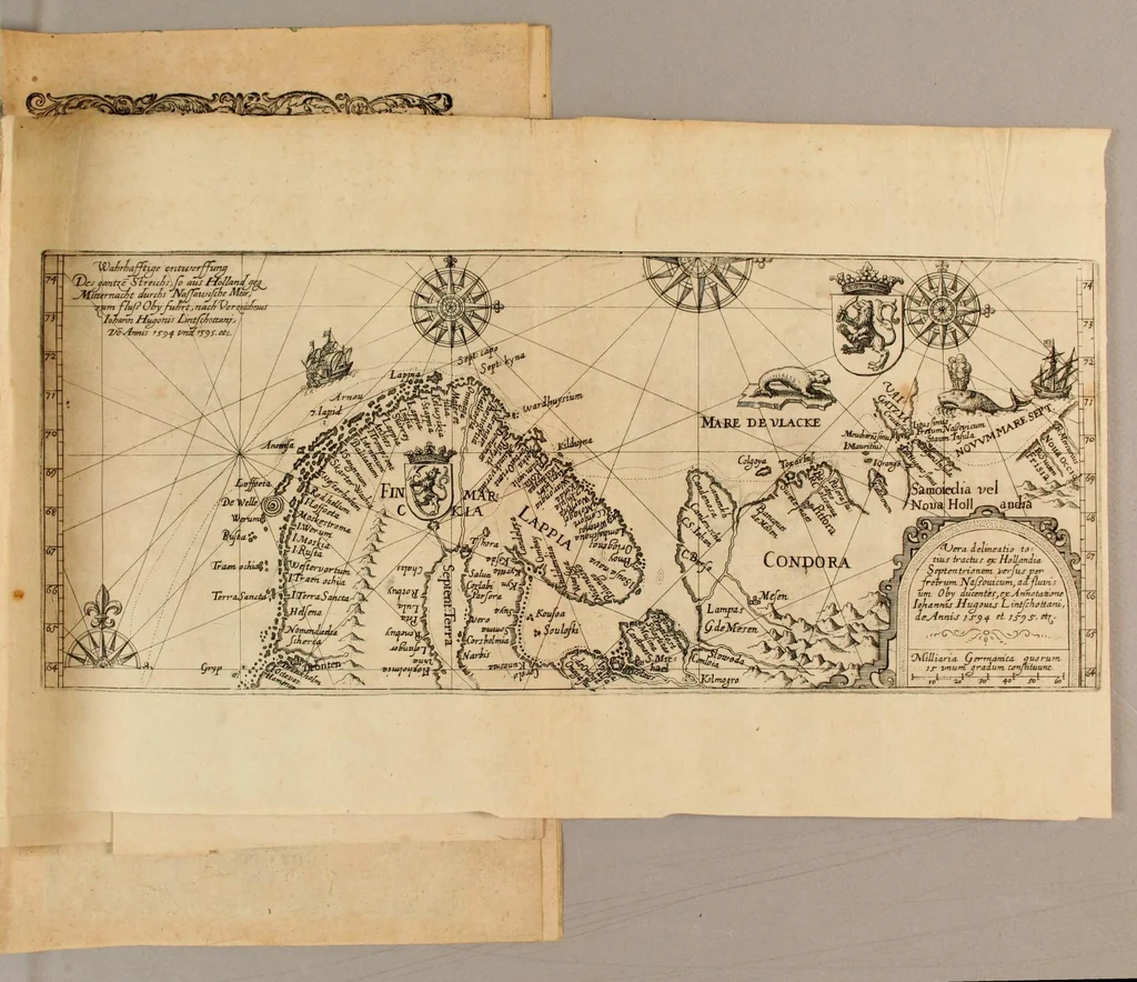 An illustration from Zehender Theil der Orientalischen Indien begreiffendt Eine kurtze Beschreibung der neuwen Schiffart gegen NordtOften, vber die Amerische Inseln in Chinam vnd Iapponiam, von einem Engelländer Henrich Hudson newlich erfunden, beneben kurtzer Andeutung der Inseln vnd Oerter, so auff derselben Reyse von den Holländern hiebevor endeckt worden, auss Johann Hegen von Lintschotten Reise gezogen. : Item ein Discurs an Jhr. Kön. Maj. in Spanien, wegen dess fünfften Theils der Welt, Terra Australis incognita genannt, von einem Capitein Petro Ferdinandes de Quir, &c. vbergeben. Beneben einer Delineation vnnd Beschreibung der Länder der Samojeden vnd Tingoesen, in der Tartarey gegen Morgen der Enge oder Vberfahrt bey Weygats gelegen, so newlich von den Mosscowitern endecket vnd eingenommen., 1613, leaf 41