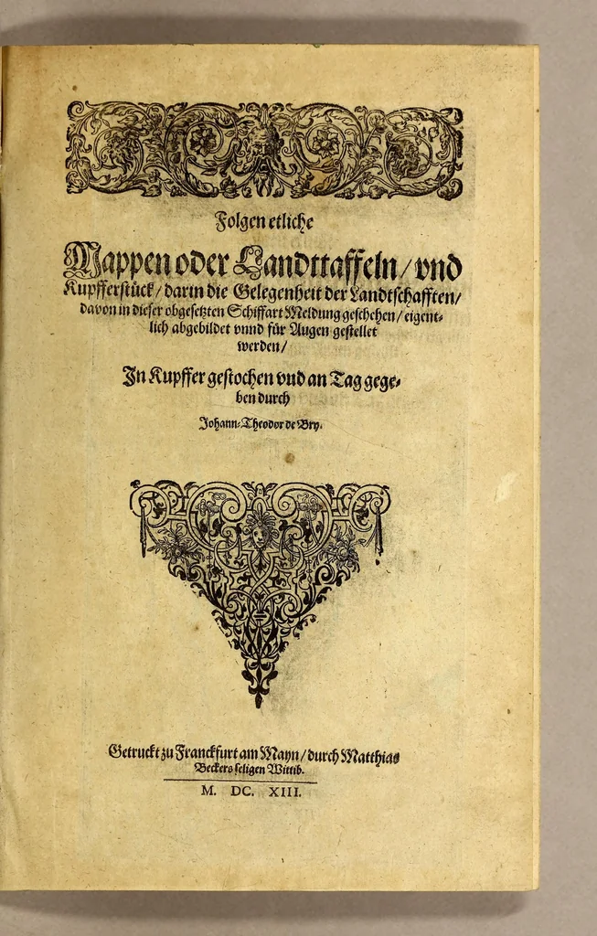 An illustration from Zehender Theil der Orientalischen Indien begreiffendt Eine kurtze Beschreibung der neuwen Schiffart gegen NordtOften, vber die Amerische Inseln in Chinam vnd Iapponiam, von einem Engelländer Henrich Hudson newlich erfunden, beneben kurtzer Andeutung der Inseln vnd Oerter, so auff derselben Reyse von den Holländern hiebevor endeckt worden, auss Johann Hegen von Lintschotten Reise gezogen. : Item ein Discurs an Jhr. Kön. Maj. in Spanien, wegen dess fünfften Theils der Welt, Terra Australis incognita genannt, von einem Capitein Petro Ferdinandes de Quir, &c. vbergeben. Beneben einer Delineation vnnd Beschreibung der Länder der Samojeden vnd Tingoesen, in der Tartarey gegen Morgen der Enge oder Vberfahrt bey Weygats gelegen, so newlich von den Mosscowitern endecket vnd eingenommen., 1613, leaf 45
