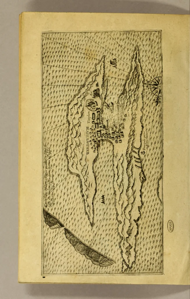 An illustration from Zehender Theil der Orientalischen Indien begreiffendt Eine kurtze Beschreibung der neuwen Schiffart gegen NordtOften, vber die Amerische Inseln in Chinam vnd Iapponiam, von einem Engelländer Henrich Hudson newlich erfunden, beneben kurtzer Andeutung der Inseln vnd Oerter, so auff derselben Reyse von den Holländern hiebevor endeckt worden, auss Johann Hegen von Lintschotten Reise gezogen. : Item ein Discurs an Jhr. Kön. Maj. in Spanien, wegen dess fünfften Theils der Welt, Terra Australis incognita genannt, von einem Capitein Petro Ferdinandes de Quir, &c. vbergeben. Beneben einer Delineation vnnd Beschreibung der Länder der Samojeden vnd Tingoesen, in der Tartarey gegen Morgen der Enge oder Vberfahrt bey Weygats gelegen, so newlich von den Mosscowitern endecket vnd eingenommen., 1613, leaf 46