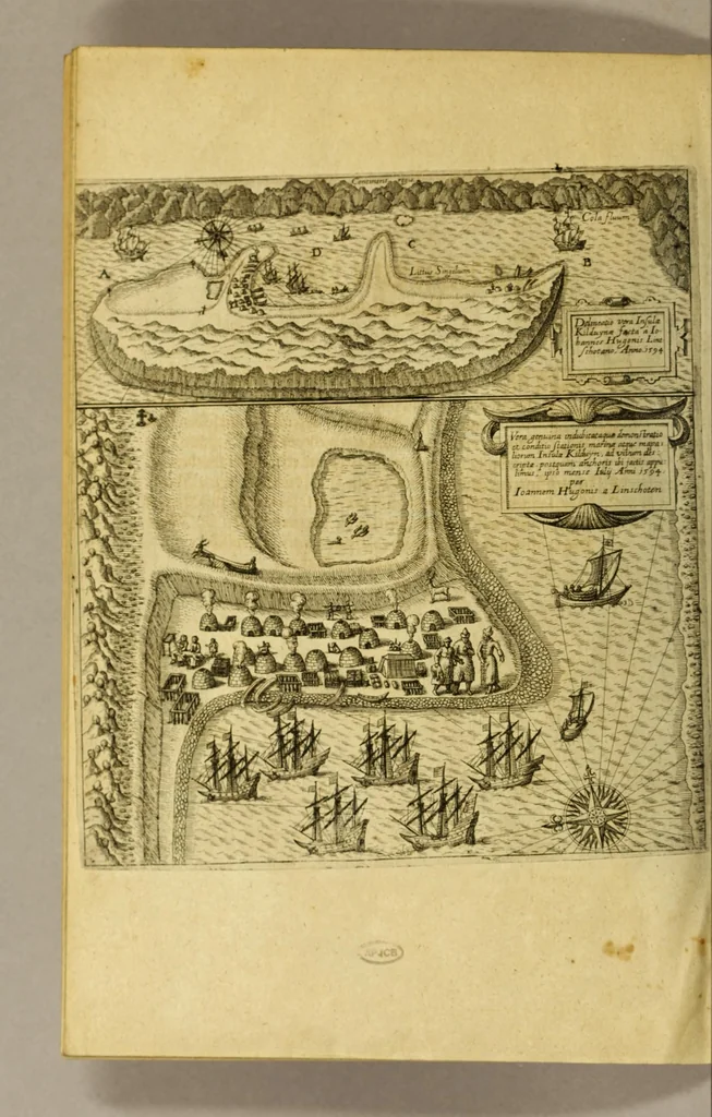 An illustration from Zehender Theil der Orientalischen Indien begreiffendt Eine kurtze Beschreibung der neuwen Schiffart gegen NordtOften, vber die Amerische Inseln in Chinam vnd Iapponiam, von einem Engelländer Henrich Hudson newlich erfunden, beneben kurtzer Andeutung der Inseln vnd Oerter, so auff derselben Reyse von den Holländern hiebevor endeckt worden, auss Johann Hegen von Lintschotten Reise gezogen. : Item ein Discurs an Jhr. Kön. Maj. in Spanien, wegen dess fünfften Theils der Welt, Terra Australis incognita genannt, von einem Capitein Petro Ferdinandes de Quir, &c. vbergeben. Beneben einer Delineation vnnd Beschreibung der Länder der Samojeden vnd Tingoesen, in der Tartarey gegen Morgen der Enge oder Vberfahrt bey Weygats gelegen, so newlich von den Mosscowitern endecket vnd eingenommen., 1613, leaf 48