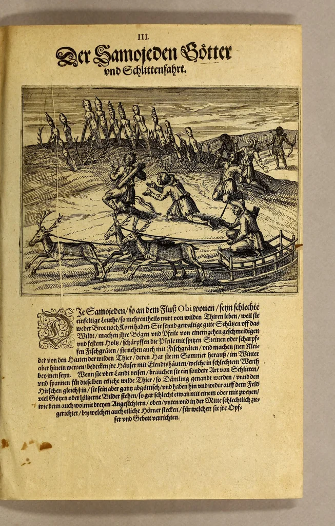 An illustration from Zehender Theil der Orientalischen Indien begreiffendt Eine kurtze Beschreibung der neuwen Schiffart gegen NordtOften, vber die Amerische Inseln in Chinam vnd Iapponiam, von einem Engelländer Henrich Hudson newlich erfunden, beneben kurtzer Andeutung der Inseln vnd Oerter, so auff derselben Reyse von den Holländern hiebevor endeckt worden, auss Johann Hegen von Lintschotten Reise gezogen. : Item ein Discurs an Jhr. Kön. Maj. in Spanien, wegen dess fünfften Theils der Welt, Terra Australis incognita genannt, von einem Capitein Petro Ferdinandes de Quir, &c. vbergeben. Beneben einer Delineation vnnd Beschreibung der Länder der Samojeden vnd Tingoesen, in der Tartarey gegen Morgen der Enge oder Vberfahrt bey Weygats gelegen, so newlich von den Mosscowitern endecket vnd eingenommen., 1613, leaf 51