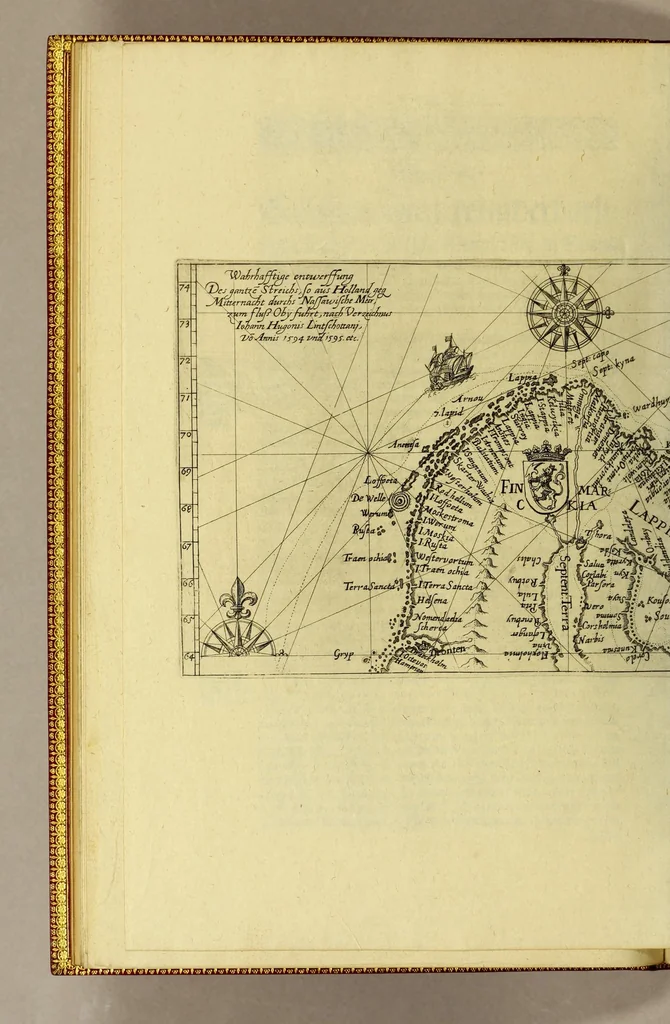 An illustration from Zehender Theil der Orientalischen Indien begreiffendt Eine kurtze Beschreibung der neuwen Schiffart gegen NordtOften, vber die Amerische Inseln in Chinam vnd Iapponiam, von einem Engelländer Henrich Hudson newlich erfunden, beneben kurtzer Andeutung der Inseln vnd Oerter, so auff derselben Reyse von den Holländern hiebevor endeckt worden, auss Johann Hegen von Lintschotten Reise gezogen. : Item ein Discurs an Jhr. Kön. Maj. in Spanien, wegen dess fünfften Theils der Welt, Terra Australis incognita genannt, von einem Capitein Petro Ferdinandes de Quir, &c. vbergeben. Beneben einer Delineation vnnd Beschreibung der Länder der Samojeden vnd Tingoesen, in der Tartarey gegen Morgen der Enge oder Vberfahrt bey Weygats gelegen, so newlich von den Mosscowitern endecket vnd eingenommen., 1613, leaf 26