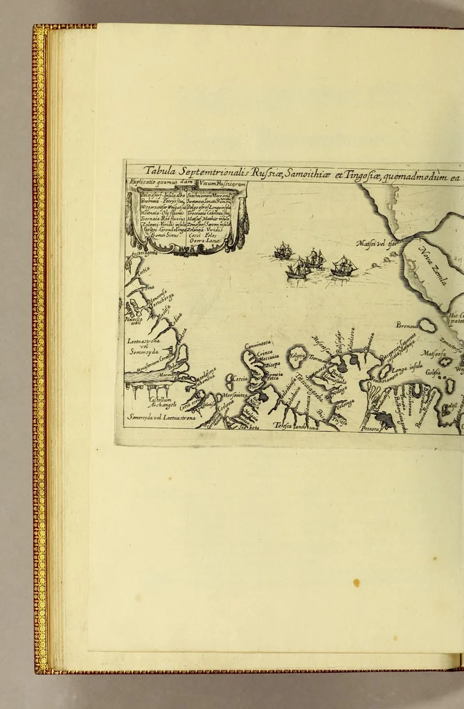 An illustration from Zehender Theil der Orientalischen Indien begreiffendt Eine kurtze Beschreibung der neuwen Schiffart gegen NordtOften, vber die Amerische Inseln in Chinam vnd Iapponiam, von einem Engelländer Henrich Hudson newlich erfunden, beneben kurtzer Andeutung der Inseln vnd Oerter, so auff derselben Reyse von den Holländern hiebevor endeckt worden, auss Johann Hegen von Lintschotten Reise gezogen. : Item ein Discurs an Jhr. Kön. Maj. in Spanien, wegen dess fünfften Theils der Welt, Terra Australis incognita genannt, von einem Capitein Petro Ferdinandes de Quir, &c. vbergeben. Beneben einer Delineation vnnd Beschreibung der Länder der Samojeden vnd Tingoesen, in der Tartarey gegen Morgen der Enge oder Vberfahrt bey Weygats gelegen, so newlich von den Mosscowitern endecket vnd eingenommen., 1613, leaf 44
