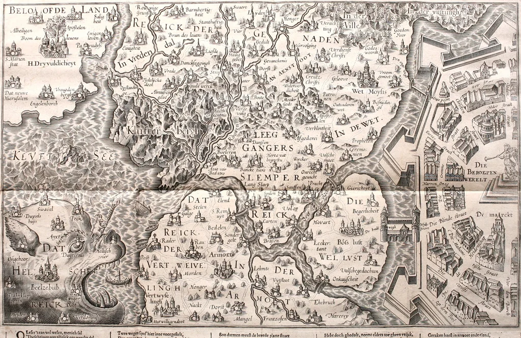 An illustration from Z. Heynsii Weg-wyser ter salicheyt : onder een sinnebeeld van des werelts beschryvinge den Christen wandelaer voorgestelt, 1629, leaf 15