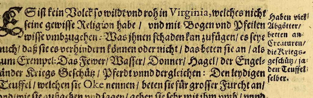 An illustration from Zwantzigste Schifffahrt, oder Gründliche vnd sattsame Beschreibung dess Newen Engellands: wie auch aüssfuhrliche Erzehlung von Beschaffenheit dor Landtschafft Virginia, vnd der Insel Barmuda, deren man bisshero schlechte vnnd vnvollkommene Wissenschafft gehabt, an jetzo aber durch dero Landt erfahrne Leuht, völliglich an Tag gegeben, 1629, leaf 75