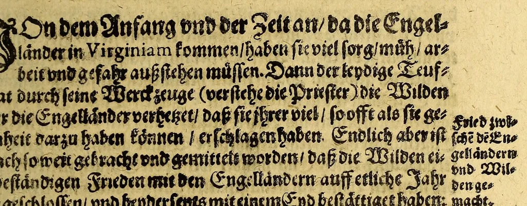 An illustration from Zwantzigste Schifffahrt, oder Gründliche vnd sattsame Beschreibung dess Newen Engellands: wie auch aüssfuhrliche Erzehlung von Beschaffenheit dor Landtschafft Virginia, vnd der Insel Barmuda, deren man bisshero schlechte vnnd vnvollkommene Wissenschafft gehabt, an jetzo aber durch dero Landt erfahrne Leuht, völliglich an Tag gegeben, 1629, leaf 99