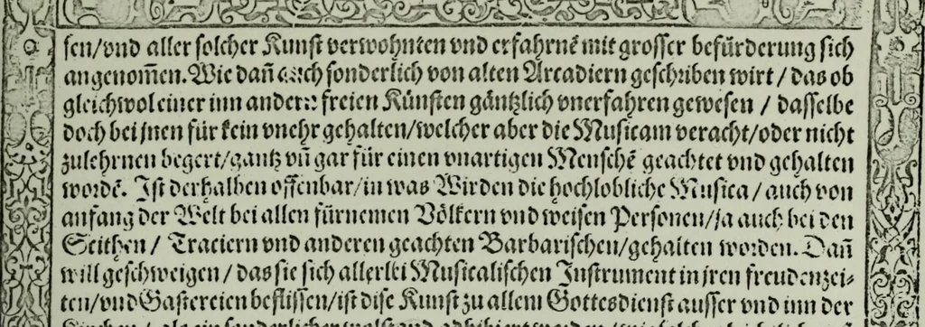 An illustration from Zwey Bücher : Einer neüen kunstlichen Tabulatur auff Orgel und Instrument. Deren das erste ausserlesne Moteten und Stuck zu sechs fünff und vier Stimmen auss den kunstreichesten und weltberumbtesten Musicis und Componisten diser unser Zeit abgesetzt. Das ander allerley schöne teutsche, italienische, frantzösische, geistliche und weltliche Lieder mit funff und vier Stimmen Passamezo, Galliardo und Täntze in sich begreifft.., 1577, leaf 10
