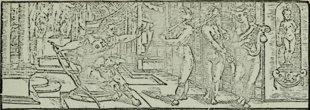 An illustration from Zwey Bücher : Einer neüen kunstlichen Tabulatur auff Orgel und Instrument. Deren das erste ausserlesne Moteten und Stuck zu sechs fünff und vier Stimmen auss den kunstreichesten und weltberumbtesten Musicis und Componisten diser unser Zeit abgesetzt. Das ander allerley schöne teutsche, italienische, frantzösische, geistliche und weltliche Lieder mit funff und vier Stimmen Passamezo, Galliardo und Täntze in sich begreifft.., 1577, leaf 12