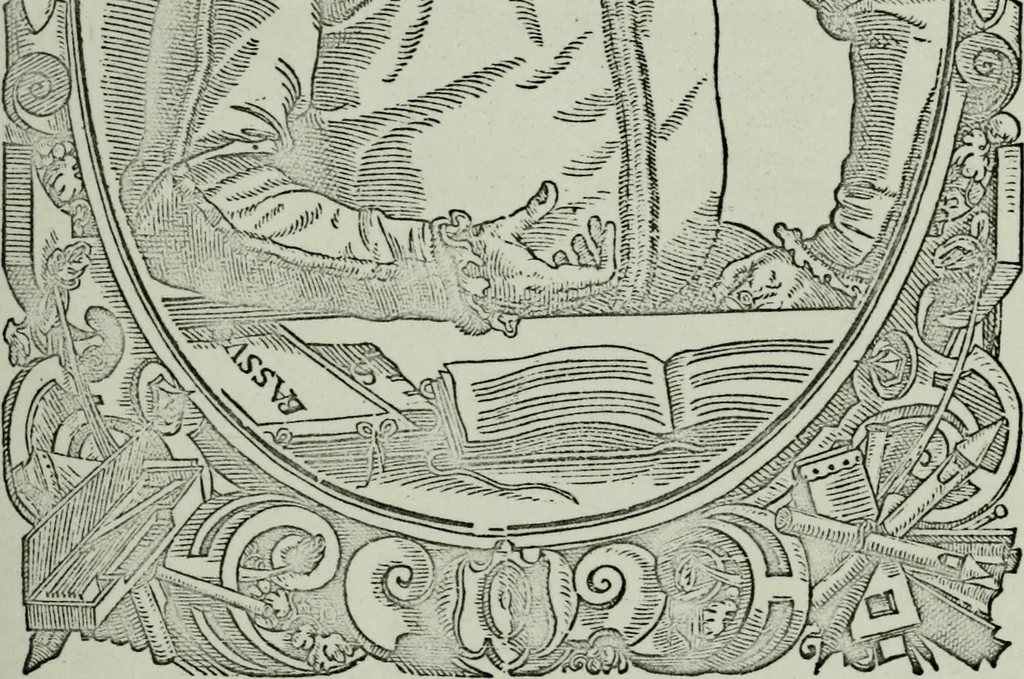 An illustration from Zwey Bücher : Einer neüen kunstlichen Tabulatur auff Orgel und Instrument. Deren das erste ausserlesne Moteten und Stuck zu sechs fünff und vier Stimmen auss den kunstreichesten und weltberumbtesten Musicis und Componisten diser unser Zeit abgesetzt. Das ander allerley schöne teutsche, italienische, frantzösische, geistliche und weltliche Lieder mit funff und vier Stimmen Passamezo, Galliardo und Täntze in sich begreifft.., 1577, leaf 14