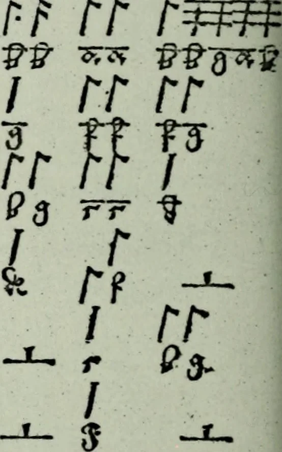 An illustration from Zwey Bücher : Einer neüen kunstlichen Tabulatur auff Orgel und Instrument. Deren das erste ausserlesne Moteten und Stuck zu sechs fünff und vier Stimmen auss den kunstreichesten und weltberumbtesten Musicis und Componisten diser unser Zeit abgesetzt. Das ander allerley schöne teutsche, italienische, frantzösische, geistliche und weltliche Lieder mit funff und vier Stimmen Passamezo, Galliardo und Täntze in sich begreifft.., 1577, leaf 43