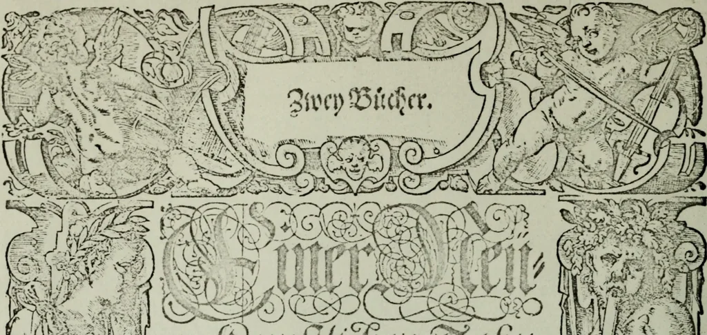 An illustration from Zwey Bücher : Einer neüen kunstlichen Tabulatur auff Orgel und Instrument. Deren das erste ausserlesne Moteten und Stuck zu sechs fünff und vier Stimmen auss den kunstreichesten und weltberumbtesten Musicis und Componisten diser unser Zeit abgesetzt. Das ander allerley schöne teutsche, italienische, frantzösische, geistliche und weltliche Lieder mit funff und vier Stimmen Passamezo, Galliardo und Täntze in sich begreifft.., 1577, leaf 7