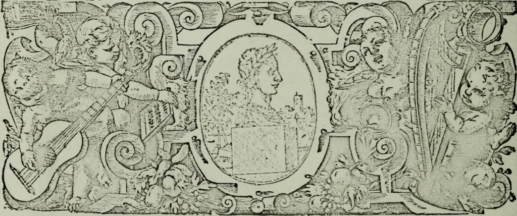An illustration from Zwey Bücher : Einer neüen kunstlichen Tabulatur auff Orgel und Instrument. Deren das erste ausserlesne Moteten und Stuck zu sechs fünff und vier Stimmen auss den kunstreichesten und weltberumbtesten Musicis und Componisten diser unser Zeit abgesetzt. Das ander allerley schöne teutsche, italienische, frantzösische, geistliche und weltliche Lieder mit funff und vier Stimmen Passamezo, Galliardo und Täntze in sich begreifft.., 1577, leaf 7