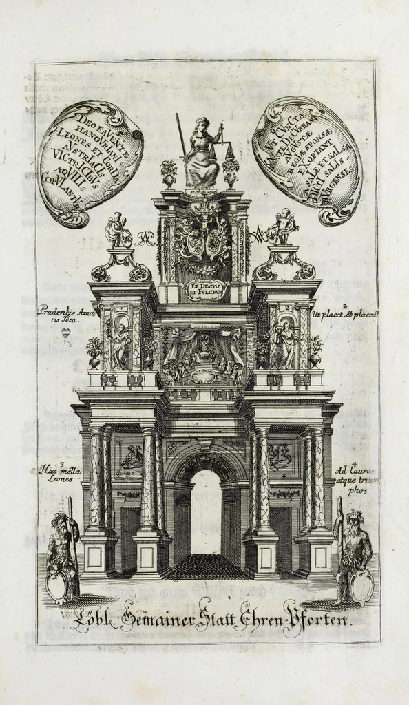 An illustration from Zwey-einiger Hymenaeus, oder, Oesterreich-Lüneburgischer frid- und freuden-voller Vermählungs-Gott : denen aller-durchleuchtigist-grossmächtigisten, nunmehro aller-erwüntscht- und Aller-Glück-Vergnügtist-Vermählten röm. und ungar. königl königl. Maj. Maj. [et]c. [et]c. Josepho I. vom aller-durchleuchtigist-sig- und glorreichisten Ertz-Hauss-Oesterreich, [et]c. [et]c. herstammend, und Wilhelminae Amaliae, aller-preyss-würdigst-Gebohrnen Hertzogin von Braunschweig, und Lüneburg, [et]c. [et]c. durch vier Triumph- Lieb- und Lob-andeutende Ruhm- oder Ehren-Pforten zur aller-schuldigst-Jubel-vollen Ehren-Bezeugung hiebevor eröffnet, 1699, leaf 39
