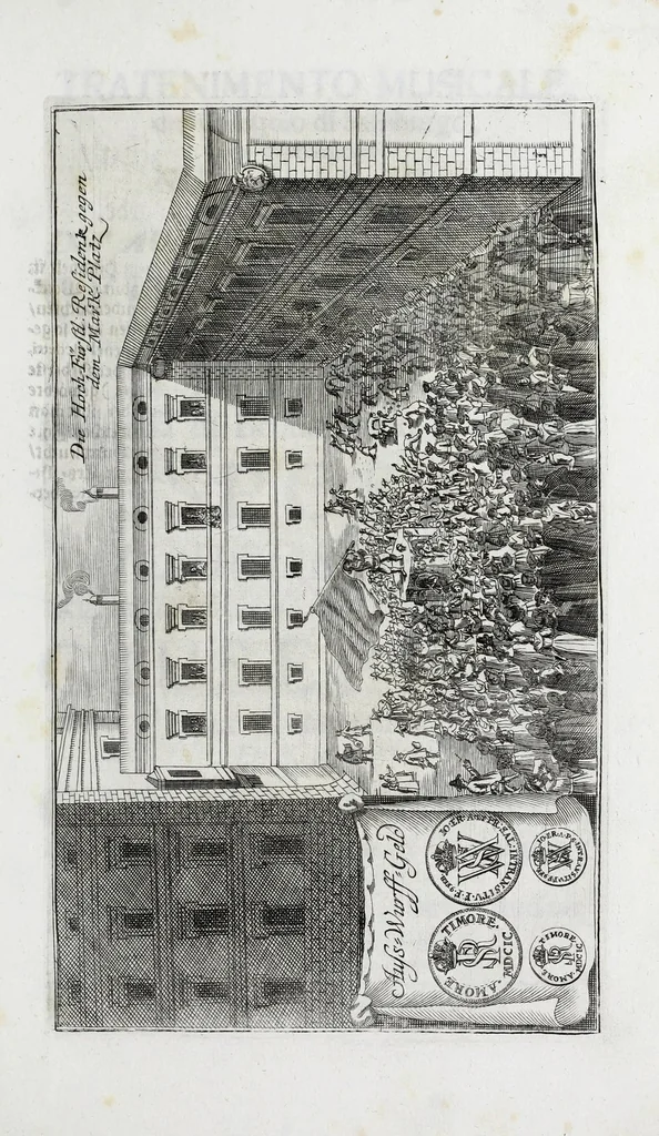 An illustration from Zwey-einiger Hymenaeus, oder, Oesterreich-Lüneburgischer frid- und freuden-voller Vermählungs-Gott : denen aller-durchleuchtigist-grossmächtigisten, nunmehro aller-erwüntscht- und Aller-Glück-Vergnügtist-Vermählten röm. und ungar. königl königl. Maj. Maj. [et]c. [et]c. Josepho I. vom aller-durchleuchtigist-sig- und glorreichisten Ertz-Hauss-Oesterreich, [et]c. [et]c. herstammend, und Wilhelminae Amaliae, aller-preyss-würdigst-Gebohrnen Hertzogin von Braunschweig, und Lüneburg, [et]c. [et]c. durch vier Triumph- Lieb- und Lob-andeutende Ruhm- oder Ehren-Pforten zur aller-schuldigst-Jubel-vollen Ehren-Bezeugung hiebevor eröffnet, 1699, leaf 49