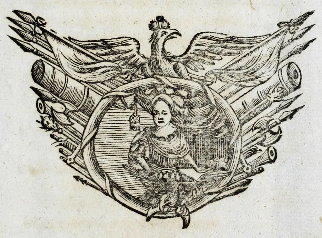 An illustration from Zwey-einiger Hymenaeus, oder, Oesterreich-Lüneburgischer frid- und freuden-voller Vermählungs-Gott : denen aller-durchleuchtigist-grossmächtigisten, nunmehro aller-erwüntscht- und Aller-Glück-Vergnügtist-Vermählten röm. und ungar. königl königl. Maj. Maj. [et]c. [et]c. Josepho I. vom aller-durchleuchtigist-sig- und glorreichisten Ertz-Hauss-Oesterreich, [et]c. [et]c. herstammend, und Wilhelminae Amaliae, aller-preyss-würdigst-Gebohrnen Hertzogin von Braunschweig, und Lüneburg, [et]c. [et]c. durch vier Triumph- Lieb- und Lob-andeutende Ruhm- oder Ehren-Pforten zur aller-schuldigst-Jubel-vollen Ehren-Bezeugung hiebevor eröffnet, 1699, leaf 79