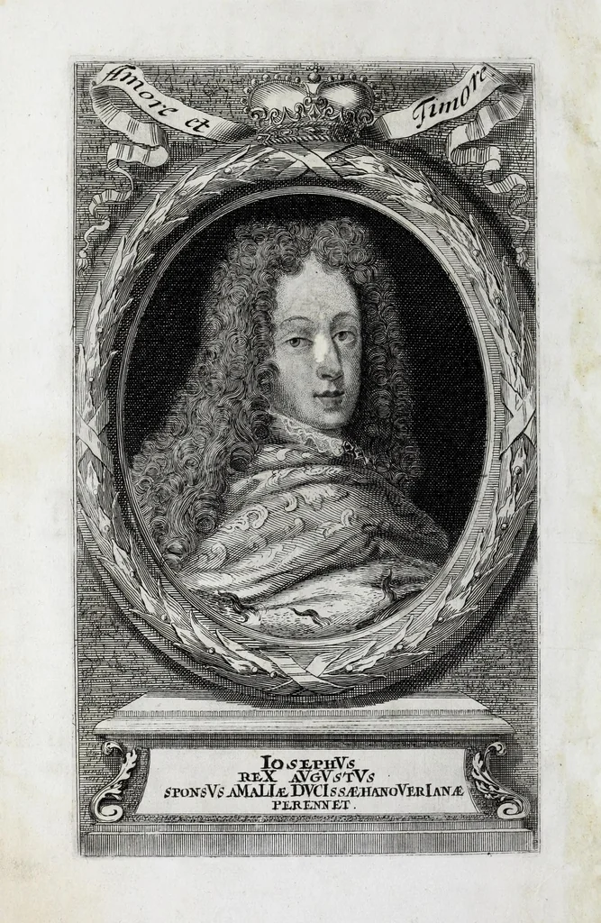 An illustration from Zwey-einiger Hymenaeus, oder, Oesterreich-Lüneburgischer frid- und freuden-voller Vermählungs-Gott : denen aller-durchleuchtigist-grossmächtigisten, nunmehro aller-erwüntscht- und Aller-Glück-Vergnügtist-Vermählten röm. und ungar. königl königl. Maj. Maj. [et]c. [et]c. Josepho I. vom aller-durchleuchtigist-sig- und glorreichisten Ertz-Hauss-Oesterreich, [et]c. [et]c. herstammend, und Wilhelminae Amaliae, aller-preyss-würdigst-Gebohrnen Hertzogin von Braunschweig, und Lüneburg, [et]c. [et]c. durch vier Triumph- Lieb- und Lob-andeutende Ruhm- oder Ehren-Pforten zur aller-schuldigst-Jubel-vollen Ehren-Bezeugung hiebevor eröffnet, 1699, leaf 8
