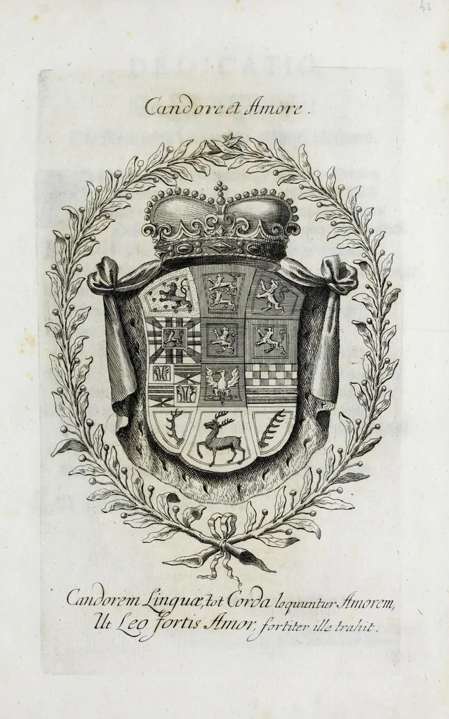 An illustration from Zwey-einiger Hymenaeus, oder, Oesterreich-Lüneburgischer frid- und freuden-voller Vermählungs-Gott : denen aller-durchleuchtigist-grossmächtigisten, nunmehro aller-erwüntscht- und Aller-Glück-Vergnügtist-Vermählten röm. und ungar. königl königl. Maj. Maj. [et]c. [et]c. Josepho I. vom aller-durchleuchtigist-sig- und glorreichisten Ertz-Hauss-Oesterreich, [et]c. [et]c. herstammend, und Wilhelminae Amaliae, aller-preyss-würdigst-Gebohrnen Hertzogin von Braunschweig, und Lüneburg, [et]c. [et]c. durch vier Triumph- Lieb- und Lob-andeutende Ruhm- oder Ehren-Pforten zur aller-schuldigst-Jubel-vollen Ehren-Bezeugung hiebevor eröffnet, 1699, leaf 87