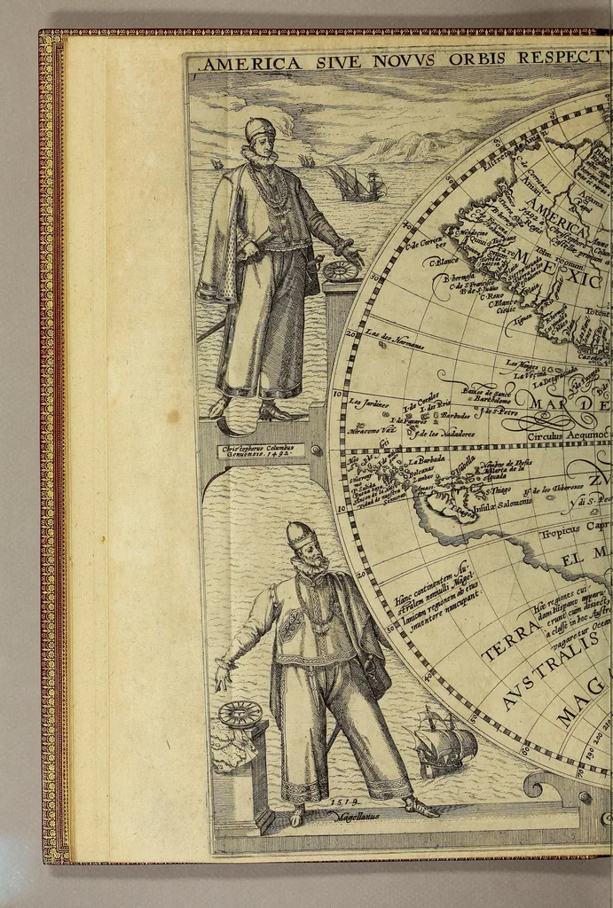 An illustration from Zwölffter Theil der Newen Welt, : das ist: Gründliche volkommene Entdeckung aller der West Indianischen Landtschafften, Insuln vnd königreichen Secusten, fliessenden vnd stehenden Waffern, Port vnd Anlendungen, Gebürgen, Grentze[n], vnd Ausstheiling der Provincie[n], sampt eygentlicher Beschreibung der Stätte, Flecken vnd Dörffer, Herrschafft vnd Regtrung, Bistummen, Stifft vnd Clöster, wie starck derselben an Inwohnern, wie reich an Einkommen, was jedes Orts Gewerb, Handthierung vnd Bequemlichkeiten, Fruchtbarkeit vnd Nutzung, alles nach jetziger Gestalt vnd Beschaffenheit von newem entdecket vnd beschrieben, / durch Antonium de Herrera, königlichen bestellten Historien schrieber der Reiche Castilien vnnd Indien, auss der Hispanischen Sprach in die Teutsche vbergesetzet. Item Gewisse Anzeig der jenigen, so durch die gefährliche Enge der Magellanischen Strassen oder Sunds hin durch passirt, vnd den Erdt Kreiss rings vmbfahren haben. Item Petri Ordonnez de Cavallos Beschreibung der West Indianischen Landschafften, sampt andern Anhängen. Alles mit schönen Landttaffeln vnd Kupfferstücken vor Augen gestellt zu volkommener Erklärung der obbefagten Materien, 1623, leaf 12