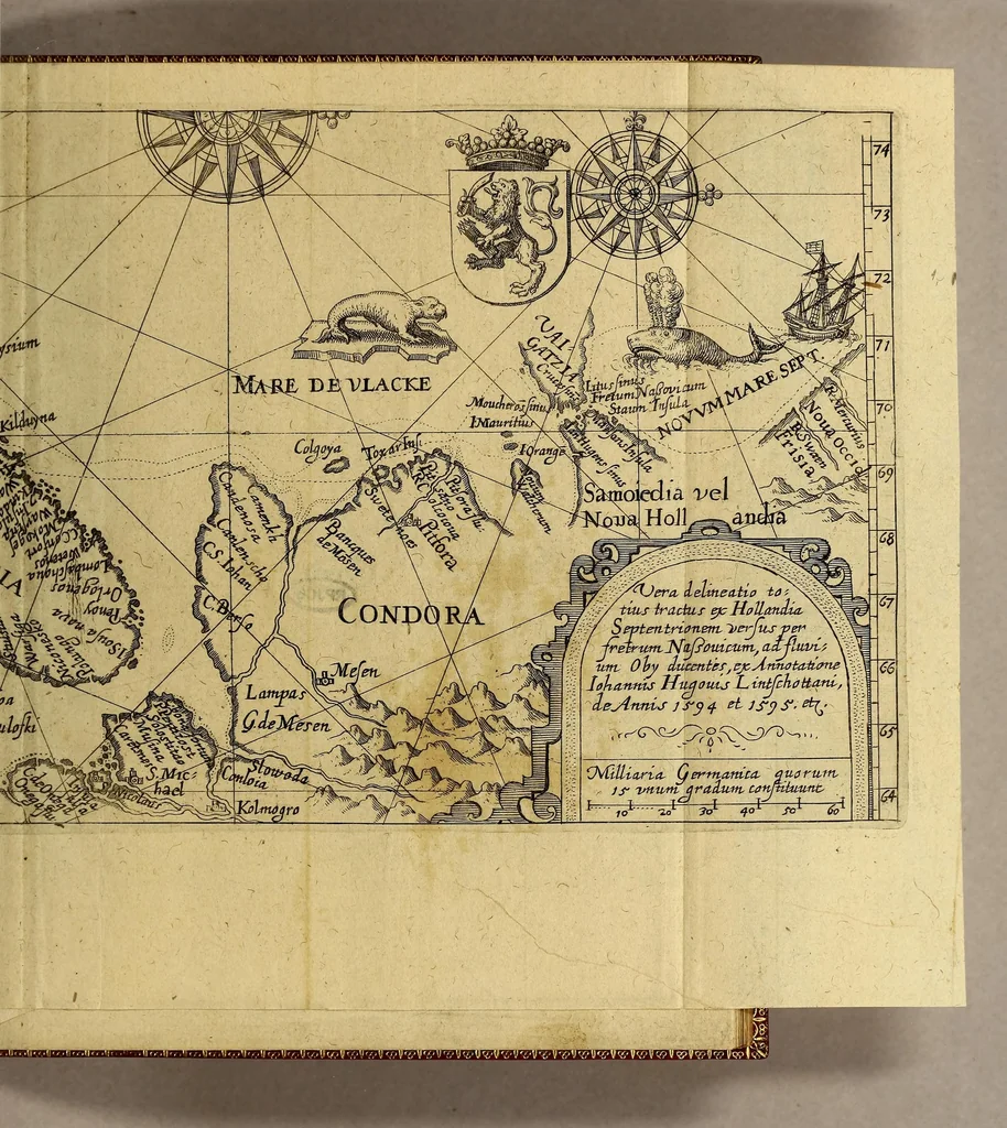 An illustration from Zwölffte Schiffahrt oder Kurtze Beschreibung der newen Schiffahrt gegen Nord Osten, vber die Amerische Inseln in Chinam vnd Japponiam, von einem Engellender Heinrich Hudson newlich erfunden, beneben einen Discurss an Jhr Kön. Maj. in Spanien, wegen dess fünfften Theils der Welt, Terra Australis incognita genandt, auch kurtze Beschreibung der Länder der Samojeden vnd Tingoesen in der Tartarey gelegen., 1614, leaf 77