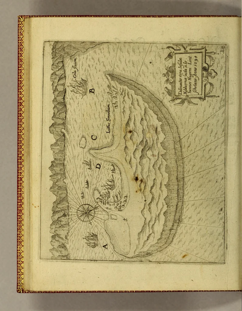 An illustration from Zwölffte Schiffahrt oder Kurtze Beschreibung der newen Schiffahrt gegen Nord Osten, vber die Amerische Inseln in Chinam vnd Japponiam, von einem Engellender Heinrich Hudson newlich erfunden, beneben einen Discurss an Jhr Kön. Maj. in Spanien, wegen dess fünfften Theils der Welt, Terra Australis incognita genandt, auch kurtze Beschreibung der Länder der Samojeden vnd Tingoesen in der Tartarey gelegen., 1614, leaf 90