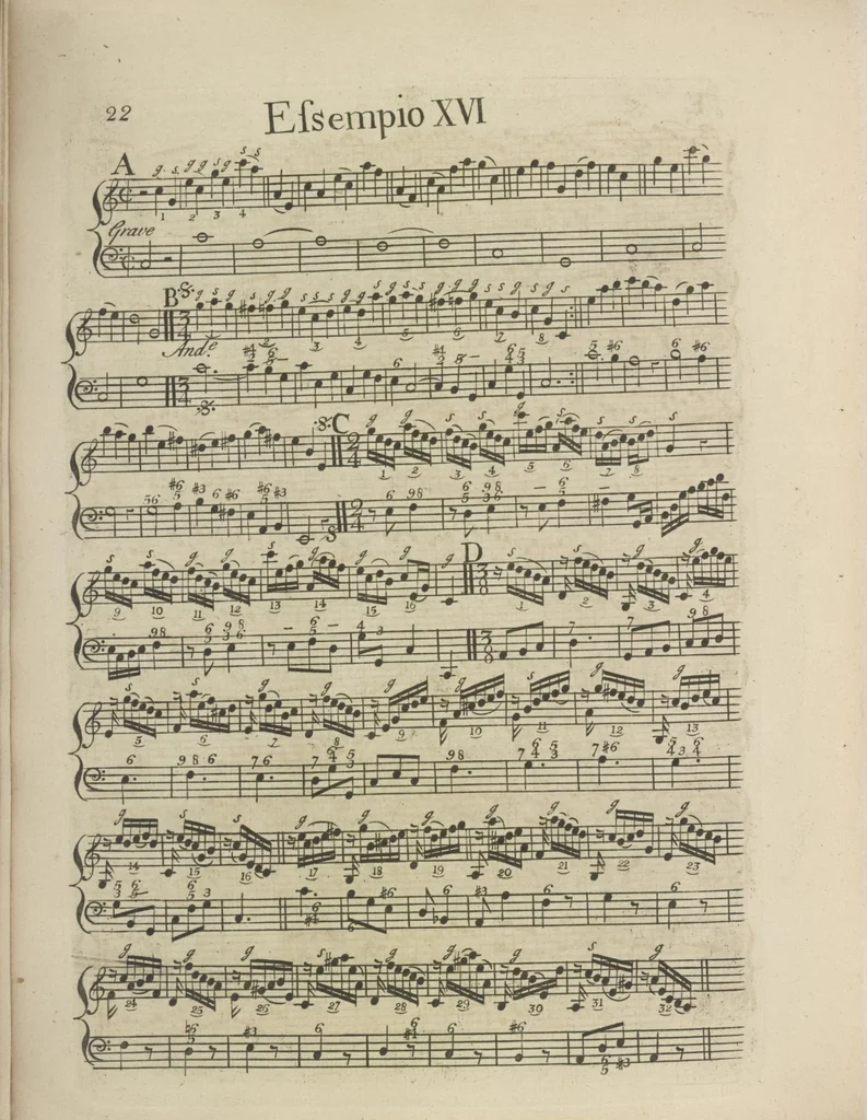An illustration from The art of playing on the violin, containing all the rules necessary to attain to a perfection on that instrument : with great variety of compositions, which will also be very useful to those who study the violoncello, harpsichord &c, 1751, leaf 45