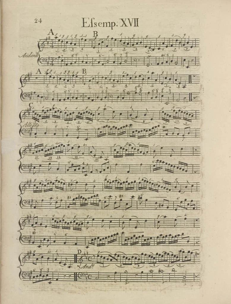 An illustration from The art of playing on the violin, containing all the rules necessary to attain to a perfection on that instrument : with great variety of compositions, which will also be very useful to those who study the violoncello, harpsichord &c, 1751, leaf 47