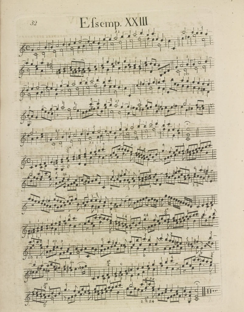 An illustration from The art of playing on the violin, containing all the rules necessary to attain to a perfection on that instrument : with great variety of compositions, which will also be very useful to those who study the violoncello, harpsichord &c, 1751, leaf 55