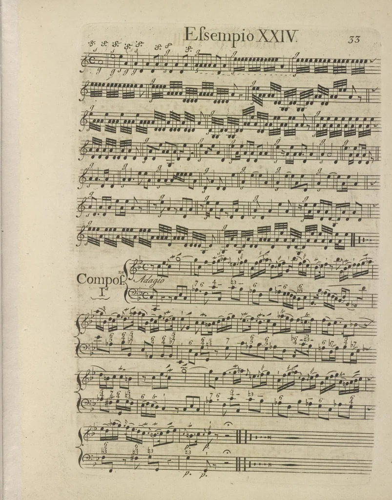 An illustration from The art of playing on the violin, containing all the rules necessary to attain to a perfection on that instrument : with great variety of compositions, which will also be very useful to those who study the violoncello, harpsichord &c, 1751, leaf 56