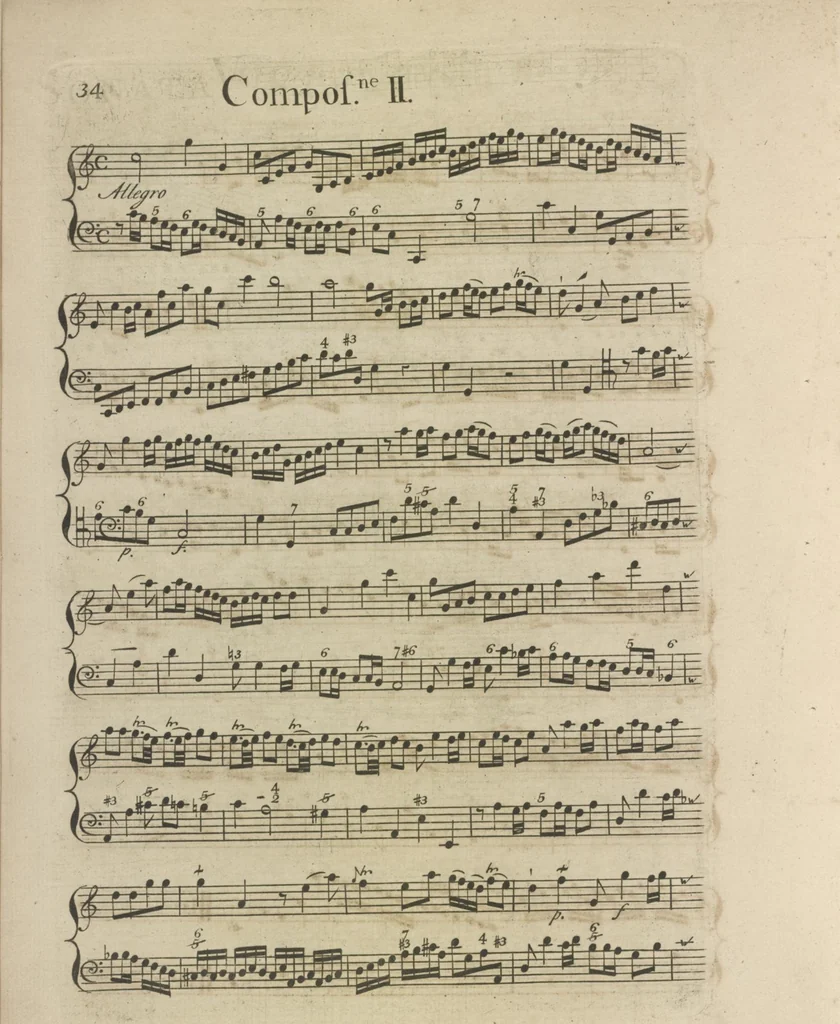 An illustration from The art of playing on the violin, containing all the rules necessary to attain to a perfection on that instrument : with great variety of compositions, which will also be very useful to those who study the violoncello, harpsichord &c, 1751, leaf 57