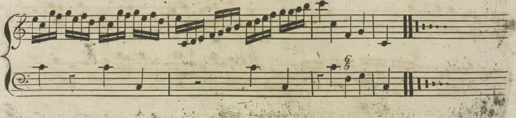An illustration from The art of playing on the violin, containing all the rules necessary to attain to a perfection on that instrument : with great variety of compositions, which will also be very useful to those who study the violoncello, harpsichord &c, 1751, leaf 58