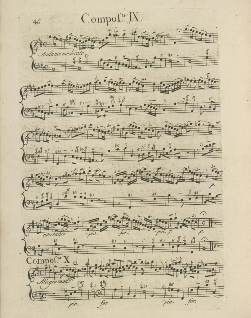 An illustration from The art of playing on the violin, containing all the rules necessary to attain to a perfection on that instrument : with great variety of compositions, which will also be very useful to those who study the violoncello, harpsichord &c, 1751, leaf 69