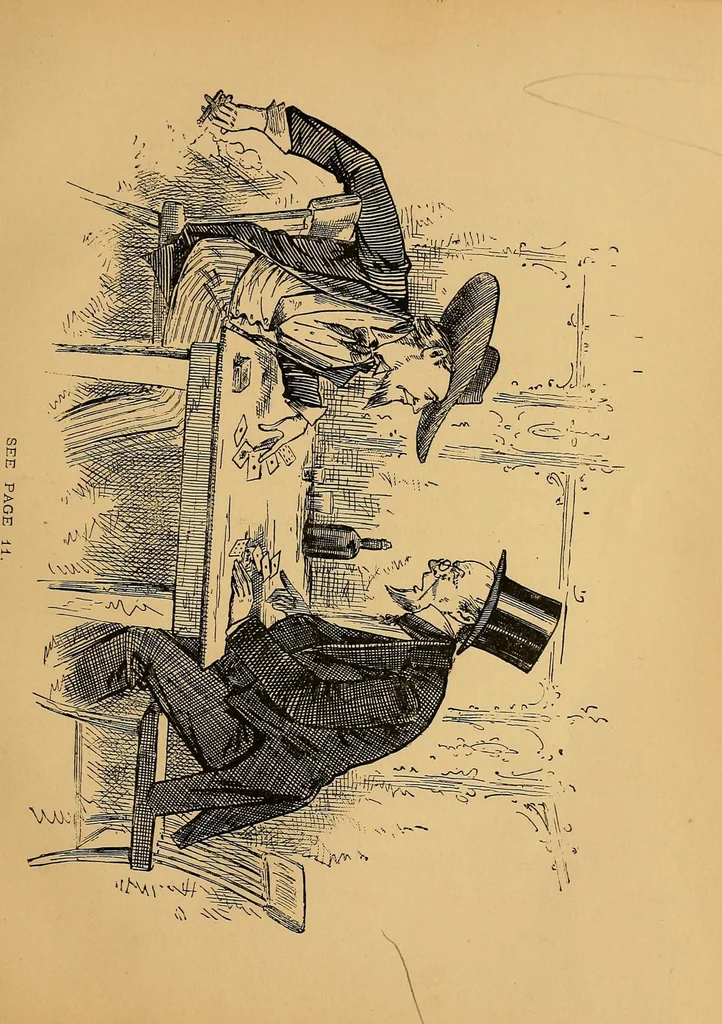 An illustration from Talk of Uncle George to his nephew about draw poker : containing valuable suggestions in connection with this great American game : also, instruction and directions to clubs and social card parties, whose members play only for recreation and pastime : with timely warnings to young players., 1883, leaf 19