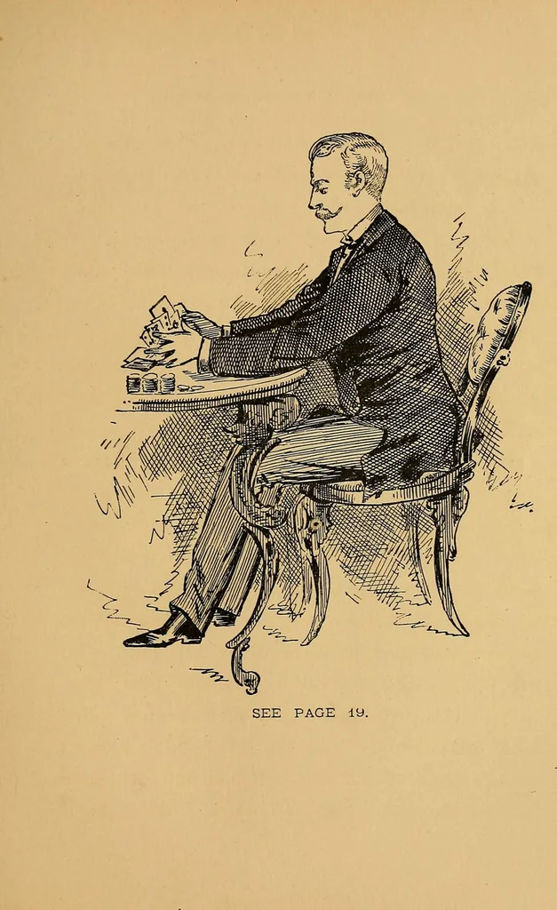 An illustration from Talk of Uncle George to his nephew about draw poker : containing valuable suggestions in connection with this great American game : also, instruction and directions to clubs and social card parties, whose members play only for recreation and pastime : with timely warnings to young players., 1883, leaf 35