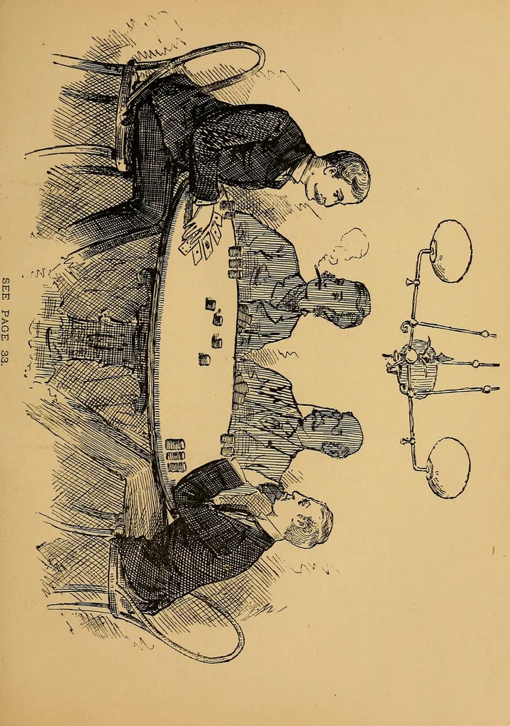 An illustration from Talk of Uncle George to his nephew about draw poker : containing valuable suggestions in connection with this great American game : also, instruction and directions to clubs and social card parties, whose members play only for recreation and pastime : with timely warnings to young players., 1883, leaf 43