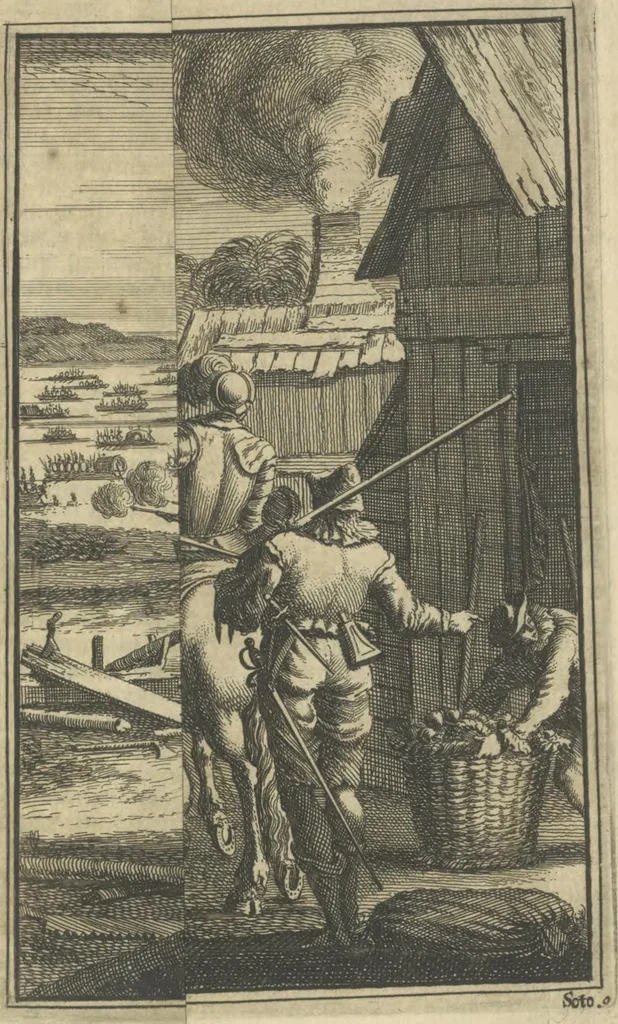 An illustration from De gedenkwaardige voyagie van Don Ferdinand de Soto na Florida : en desselfs ontdekking van de landen in dat gewest, met al wat aanmerkensswaardig op die vierjarige reyse is voorgevallen : gedaan anno 1539 en vervolgens, 1706, leaf 102