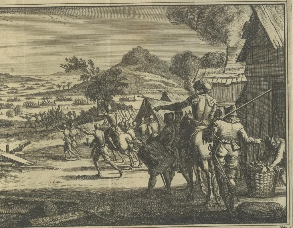 An illustration from De gedenkwaardige voyagie van Don Ferdinand de Soto na Florida : en desselfs ontdekking van de landen in dat gewest, met al wat aanmerkensswaardig op die vierjarige reyse is voorgevallen : gedaan anno 1539 en vervolgens, 1706, leaf 103